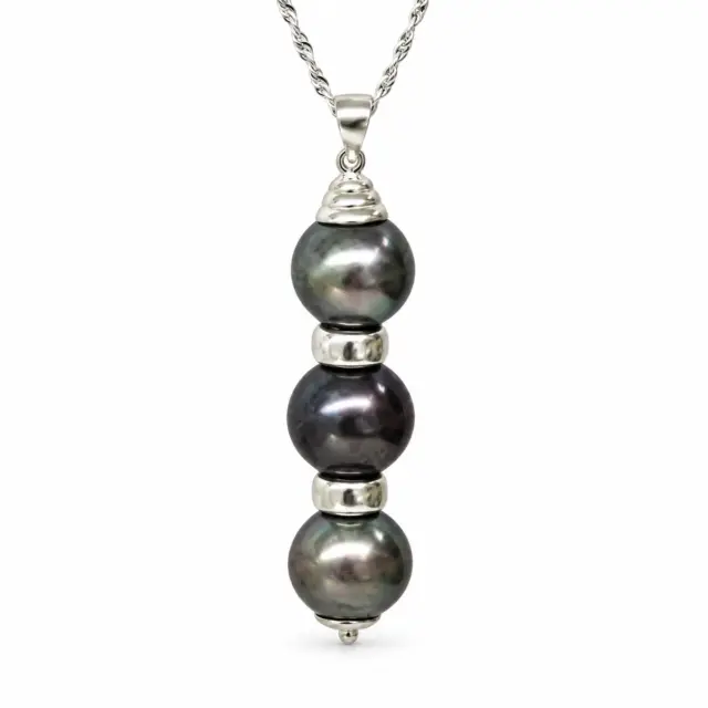 Sterling Silver Triple 11.5-12.50mm Round Cook Island Black Pearl Pendant with Silver Spacers