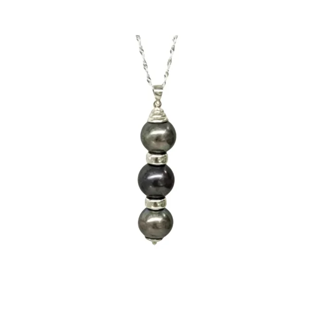 Sterling Silver Triple 11.5-12.50mm Round Cook Island Black Pearl Pendant with Silver Spacers