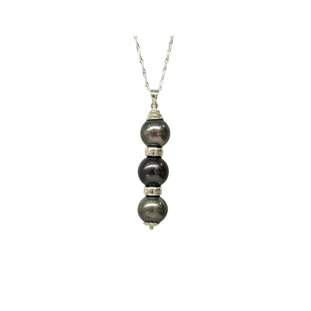 Sterling Silver Triple 11.5-12.50mm Round Cook Island Black Pearl Pendant with Silver Spacers