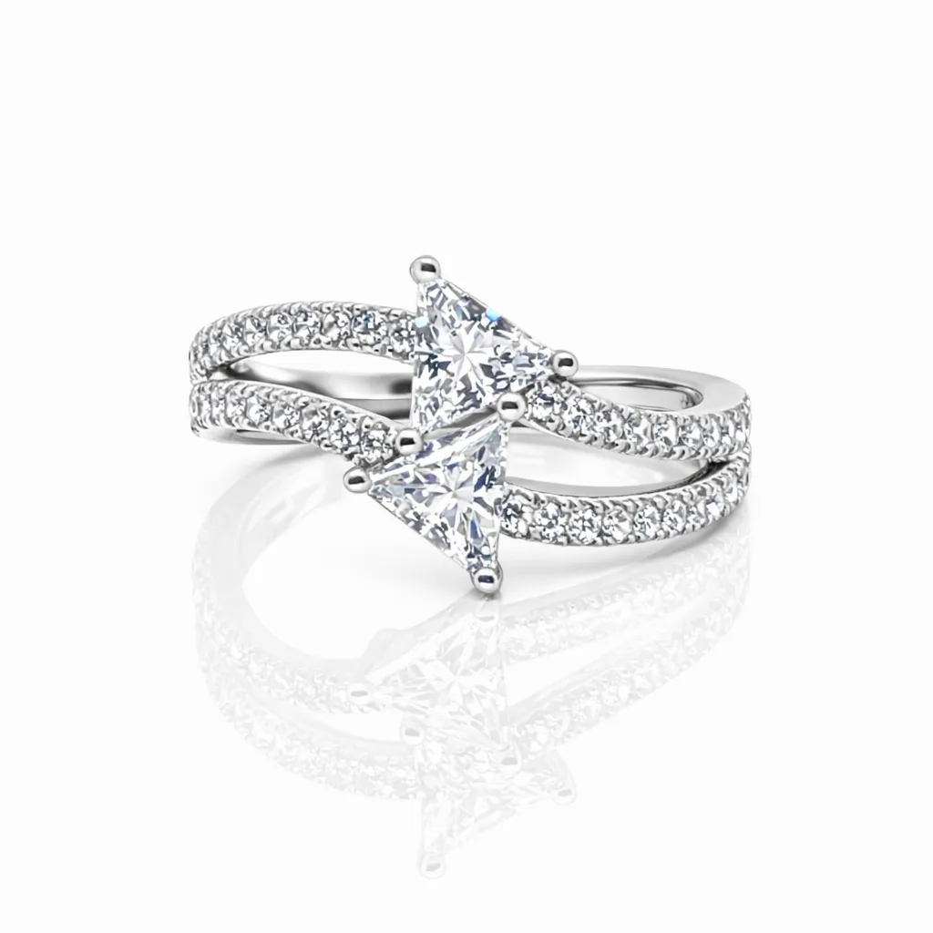 Sterling Silver Twin Trillion Cut Cubic Zirconia Ring Split Pavé Band - PT1637