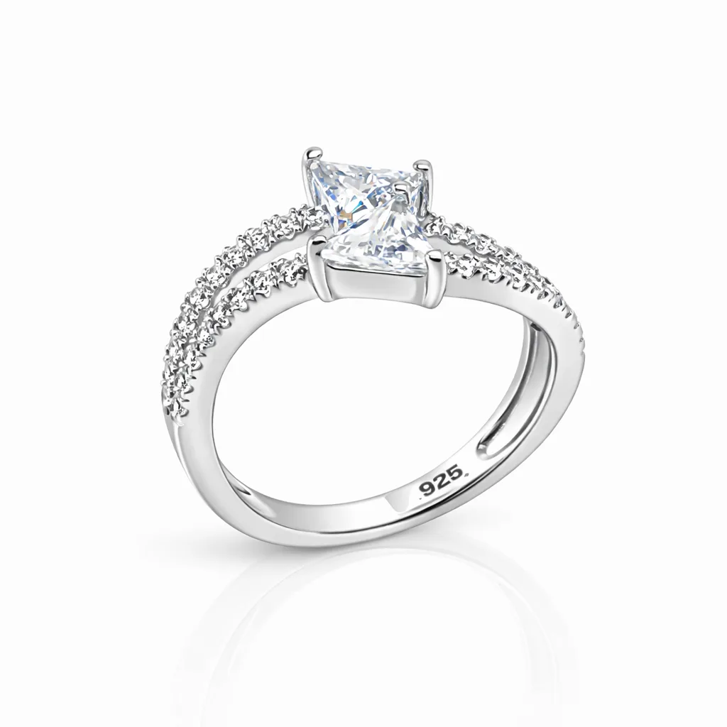 Sterling Silver Twin Trillion Cut Cubic Zirconia Ring Split Pavé Band - PT1637