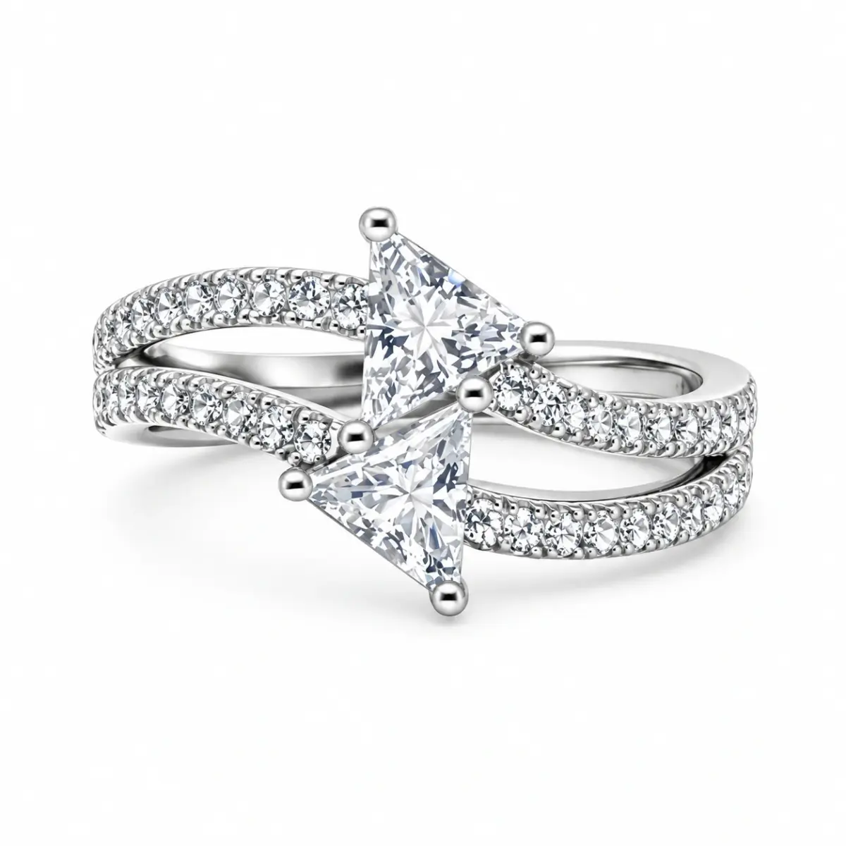 Sterling Silver Twin Trillion Cut Cubic Zirconia Ring Split Pavé Band - PT1637