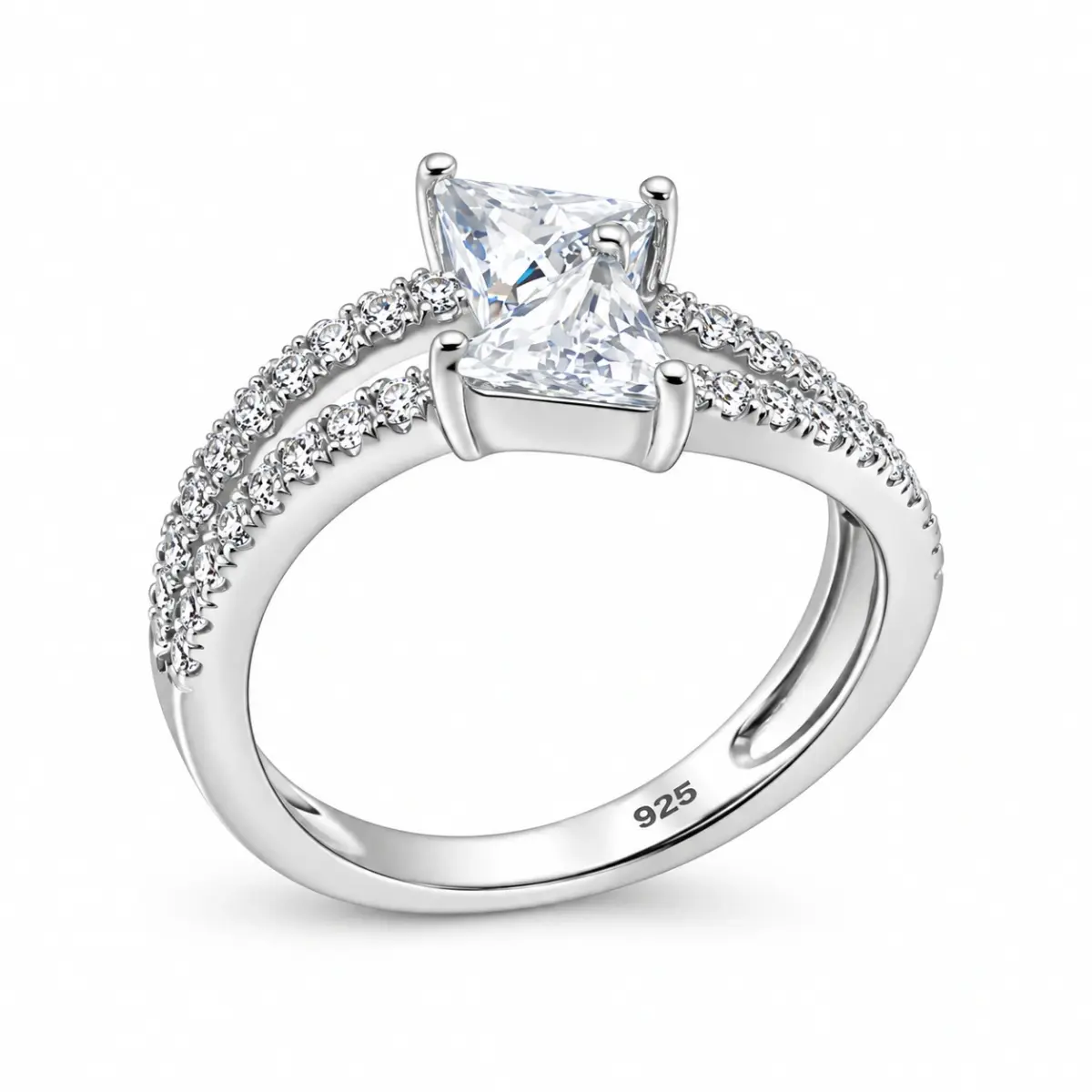 Sterling Silver Twin Trillion Cut Cubic Zirconia Ring Split Pavé Band - PT1637