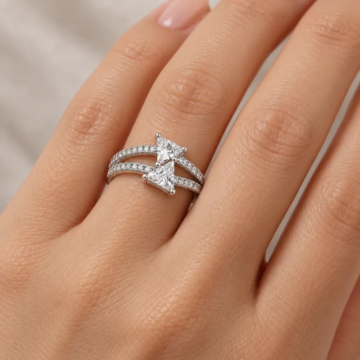 Sterling Silver Twin Trillion Cut Cubic Zirconia Ring Split Pavé Band - PT1637