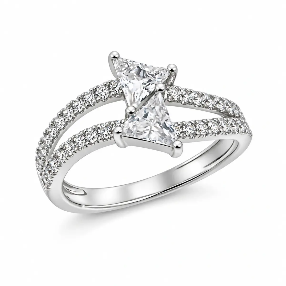 Sterling Silver Twin Trillion Cut Cubic Zirconia Ring Split Pavé Band - PT1637