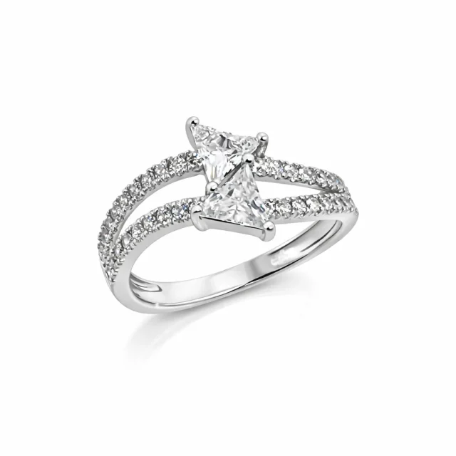 Sterling Silver Twin Trillion Cut Cubic Zirconia Ring Split Pavé Band - PT1637