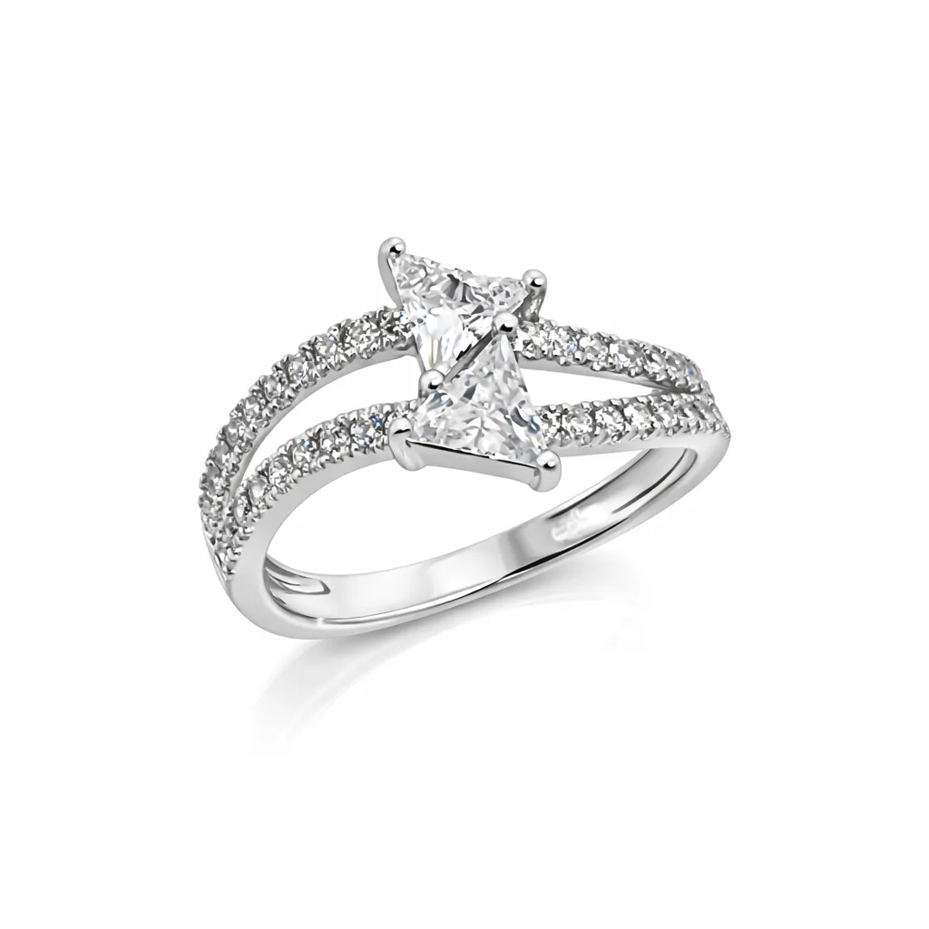 Sterling Silver Twin Trillion Cut Cubic Zirconia Ring Split Pavé Band - PT1637