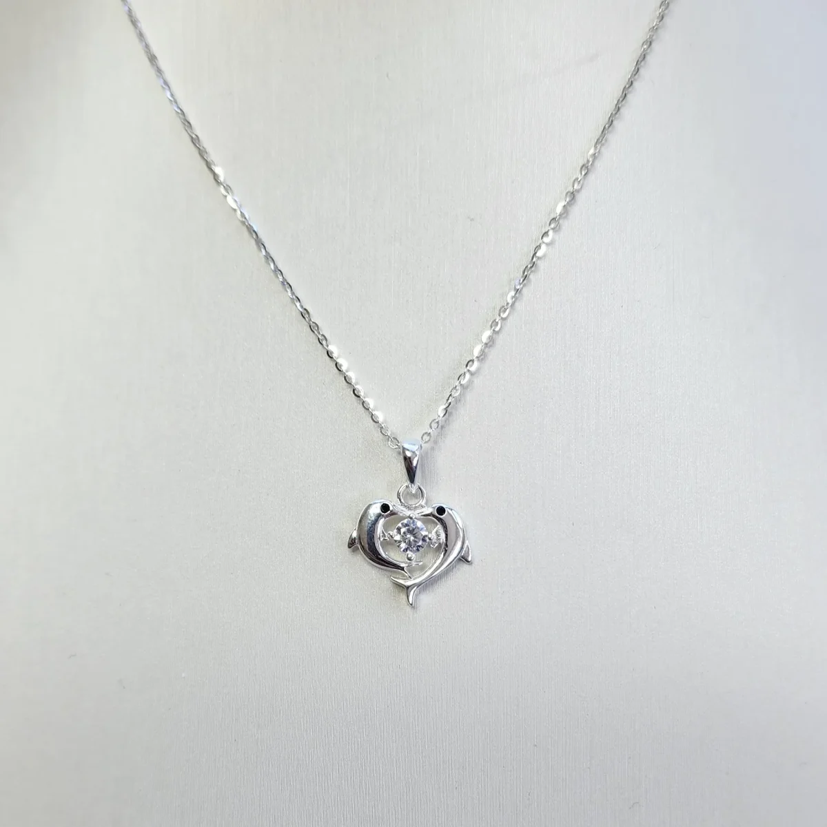 Sterling Silver Two Dolphins Pendant with CZ Setting and Sterling Silver Chain