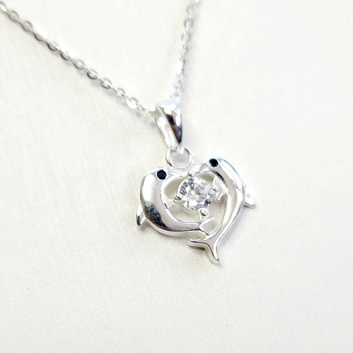 Sterling Silver Two Dolphins Pendant with CZ Setting and Sterling Silver Chain