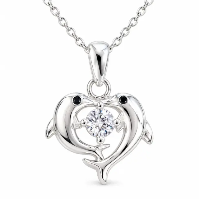 Sterling Silver Two Dolphins Pendant with CZ Setting and Sterling Silver Chain