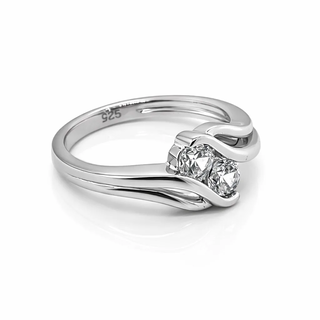 Sterling Silver Two Stone Round Cubic Zirconia Ring – Modern Wave Design 9mm Top - PT1636