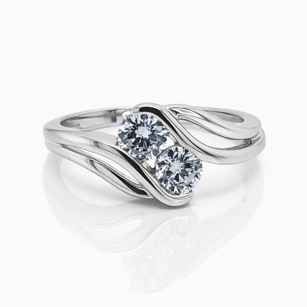 Sterling Silver Two Stone Round Cubic Zirconia Ring – Modern Wave Design 9mm Top - PT1636