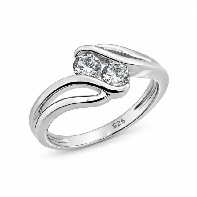 Sterling Silver Two Stone Round Cubic Zirconia Ring – Modern Wave Design 9mm Top - PT1636