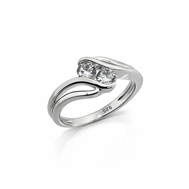 Sterling Silver Two Stone Round Cubic Zirconia Ring – Modern Wave Design 9mm Top - PT1636