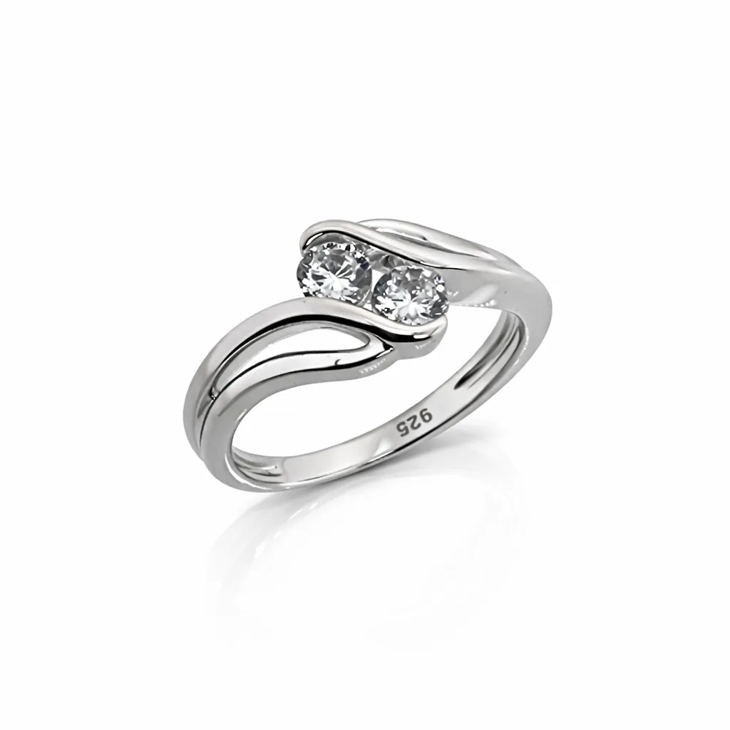 Sterling Silver Two Stone Round Cubic Zirconia Ring – Modern Wave Design 9mm Top - PT1636