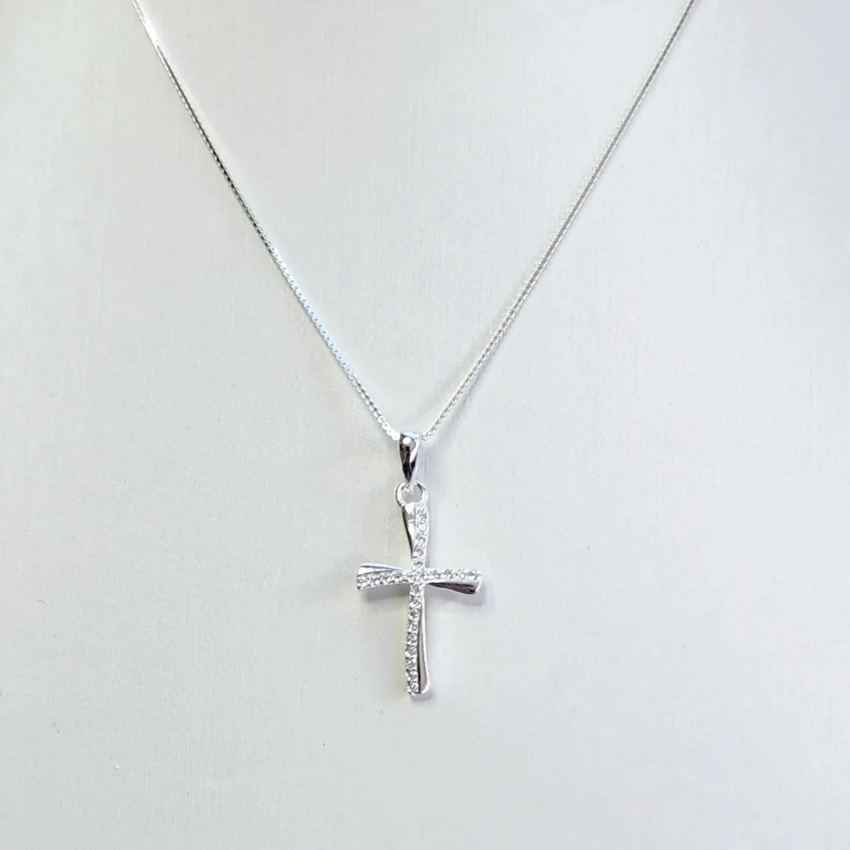 Sterling Silver Wave Cross Pendant with Micro Pave CZ Stone and Sterling Silver Chain