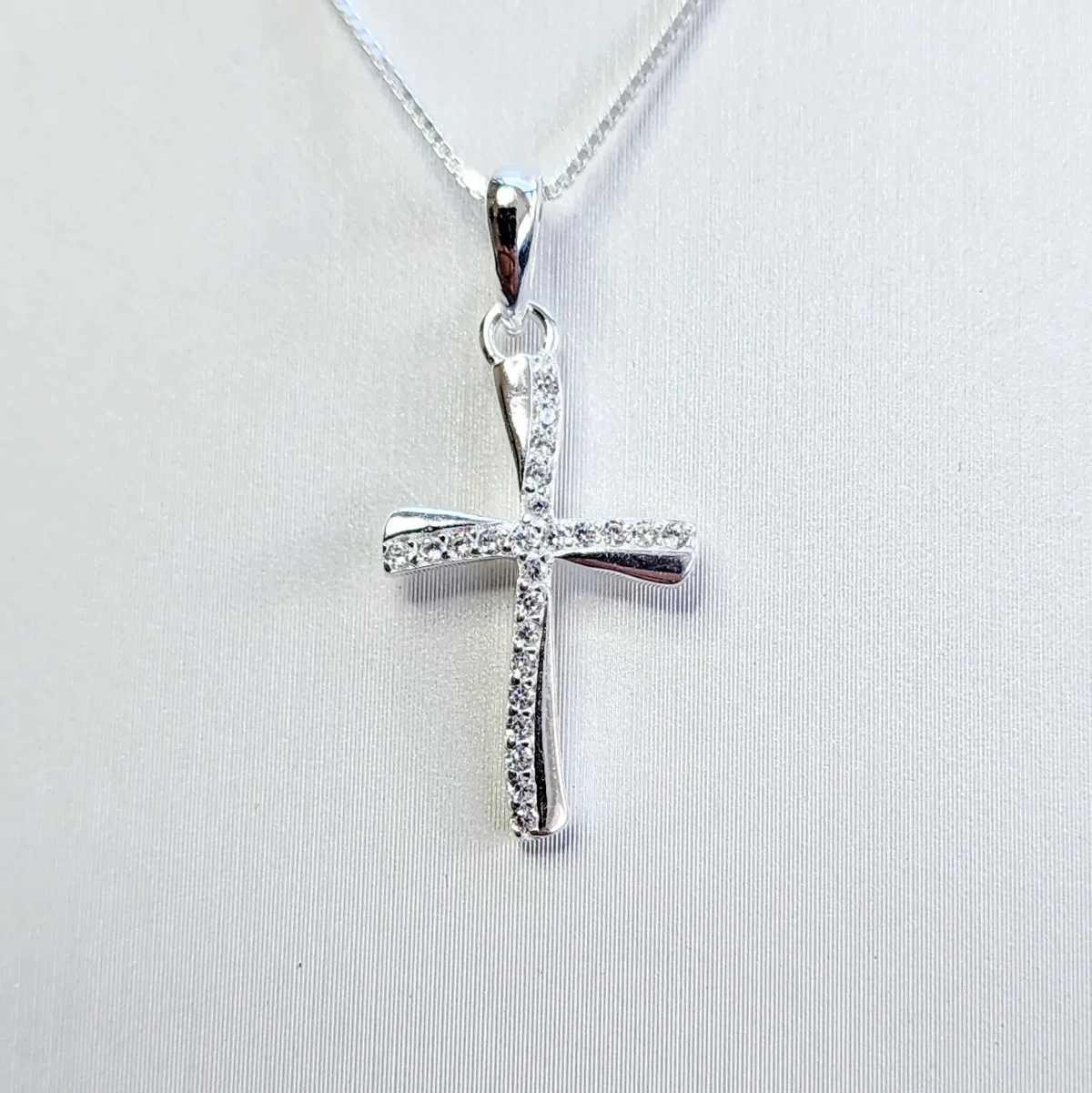 Sterling Silver Wave Cross Pendant with Micro Pave CZ Stone and Sterling Silver Chain