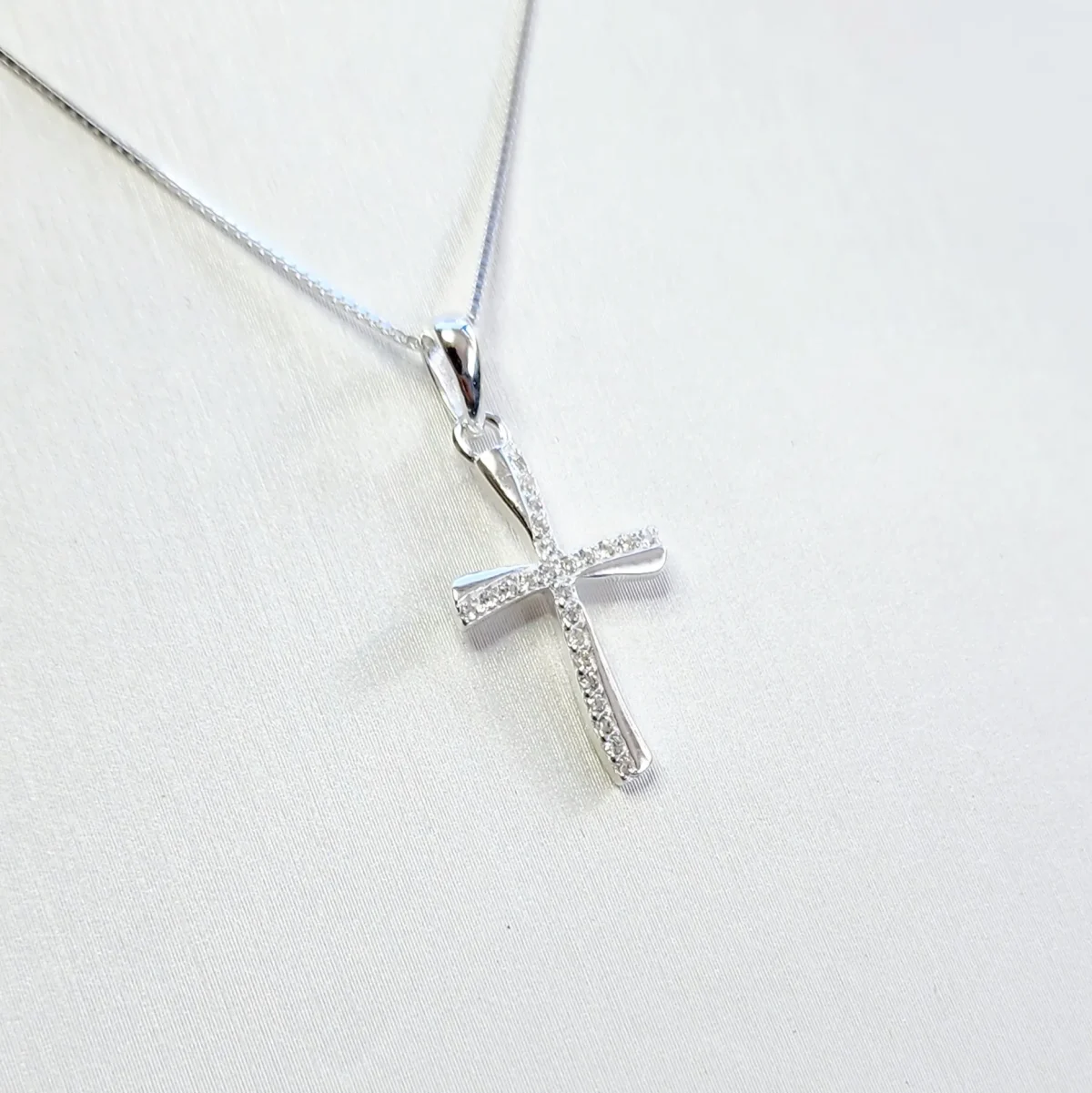 Sterling Silver Wave Cross Pendant with Micro Pave CZ Stone and Sterling Silver Chain