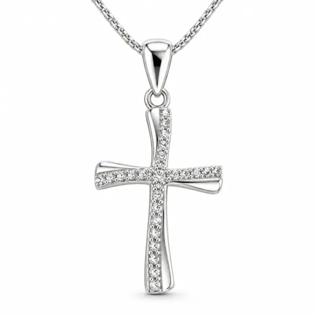 Sterling Silver Wave Cross Pendant with Micro Pave CZ Stone and Sterling Silver Chain