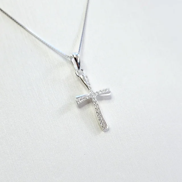 Sterling Silver Wave Cross Pendant with Micro Pave CZ Stone and Sterling Silver Chain
