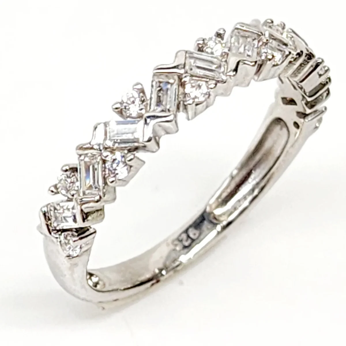 Sterling Silver Wedding / Dress Ring with Round & Emerald Cut CZ Setting