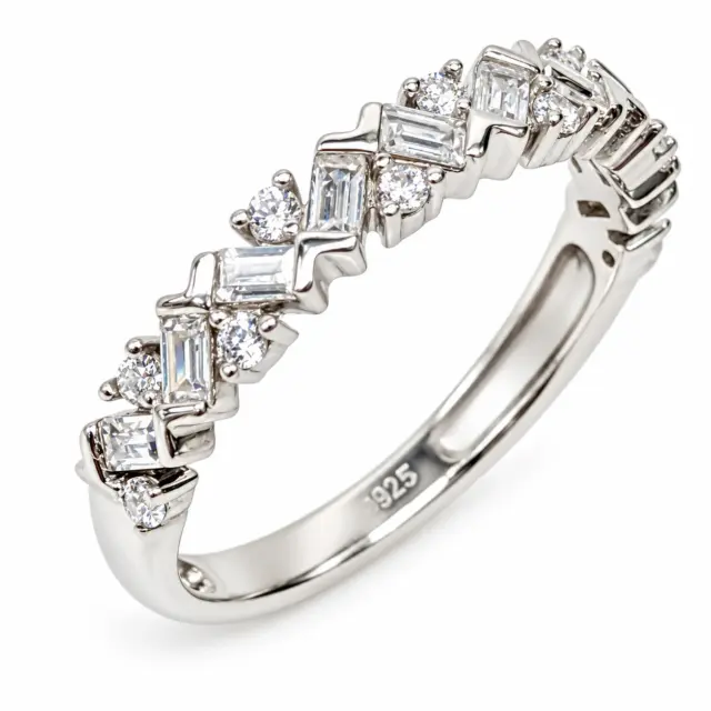 Sterling Silver Wedding / Dress Ring with Round  & Emerald Cut CZ Setting