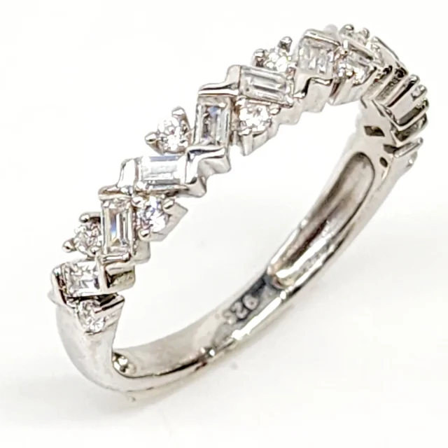 Sterling Silver Wedding / Dress Ring with Round  & Emerald Cut CZ Setting
