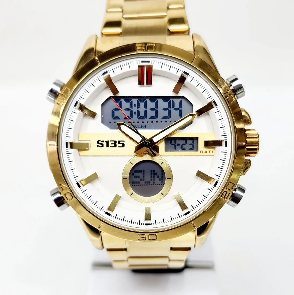 Stylish Dual Time Mens Analog/Digital Metal Strap, Multifunction LED Analog Gold Tone Band, White Dial Quartz Watch