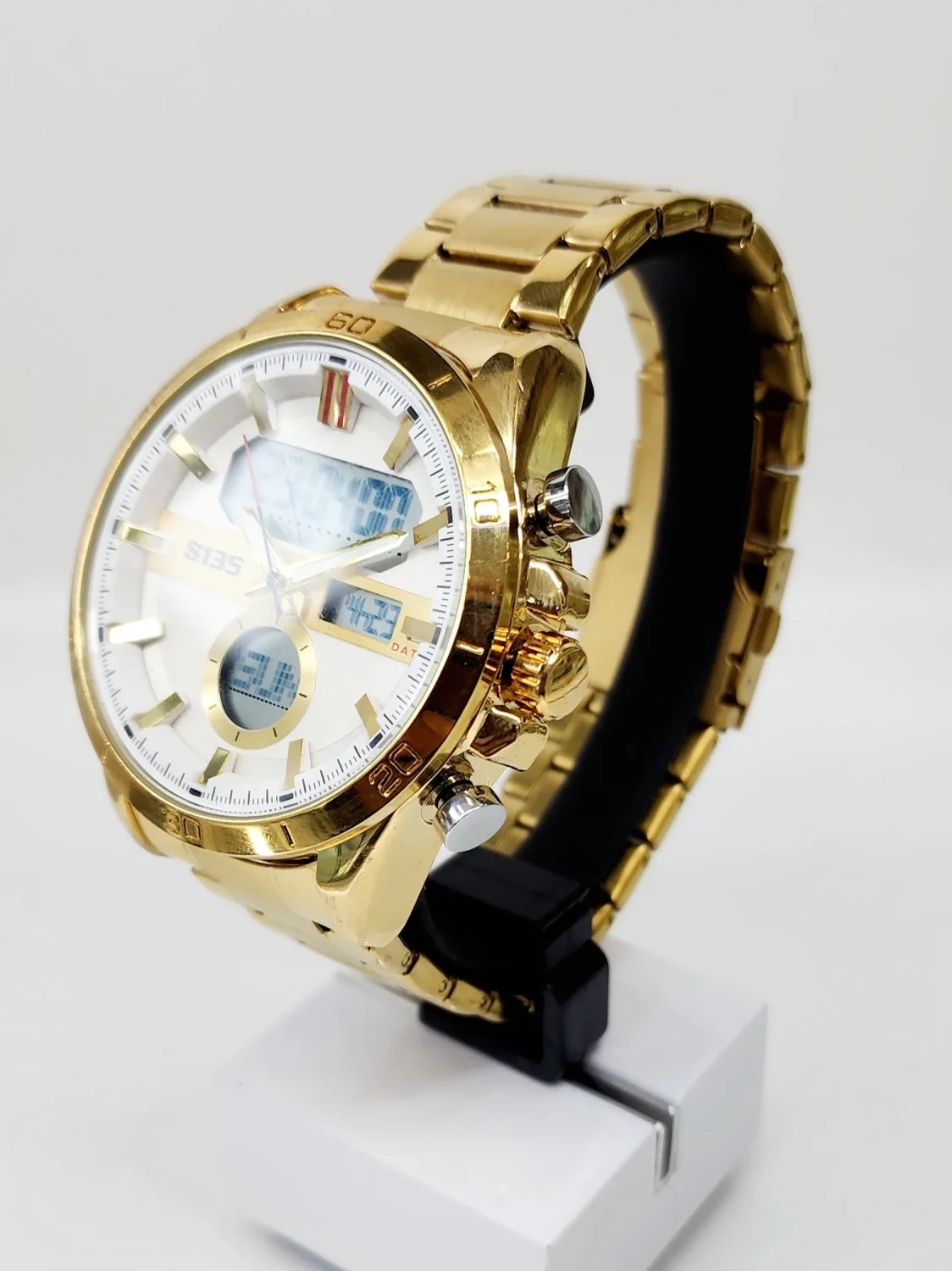 Stylish Dual Time Mens Analog/Digital Metal Strap, Multifunction LED Analog Gold Tone Band, White Dial Quartz Watch