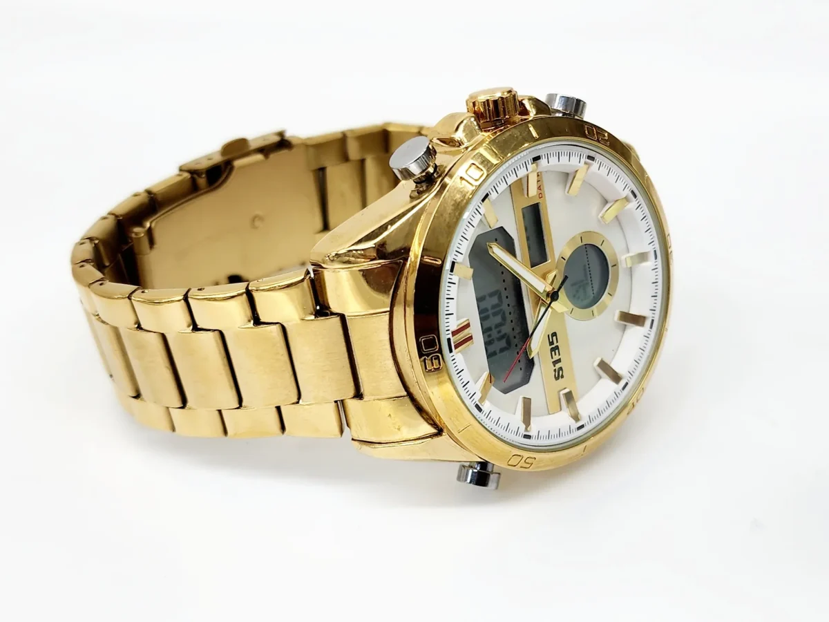 Stylish Dual Time Mens Analog/Digital Metal Strap, Multifunction LED Analog Gold Tone Band, White Dial Quartz Watch