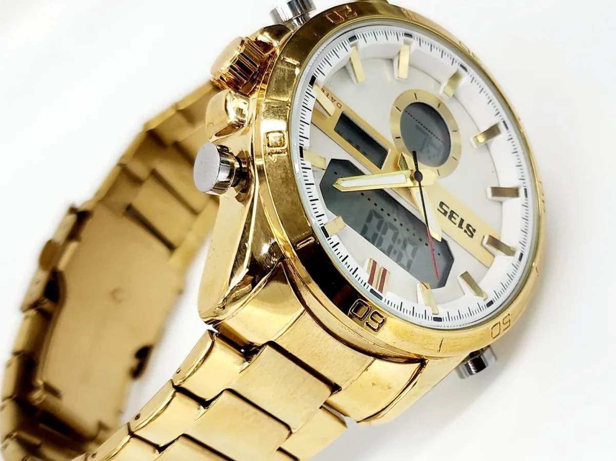 Stylish Dual Time Mens Analog/Digital Metal Strap, Multifunction LED Analog Gold Tone Band, White Dial Quartz Watch