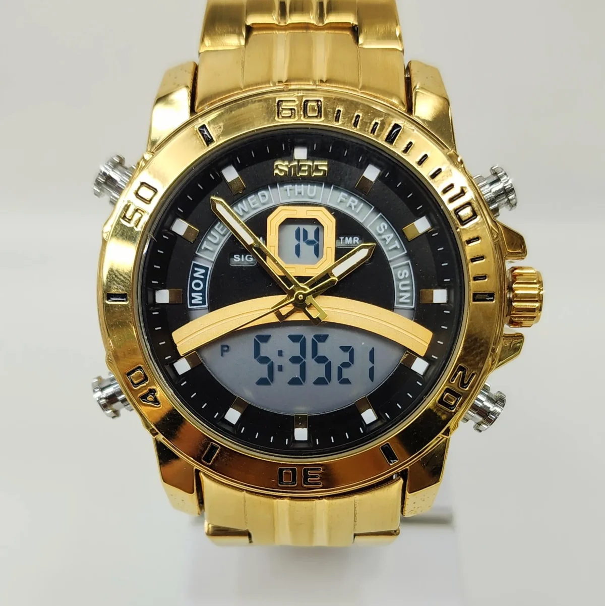 Stylish Dual Time Mens Analog/Digital Metal Strap, Multifunction LED Analog Gold Tone Band, Black Dial Quartz Watch