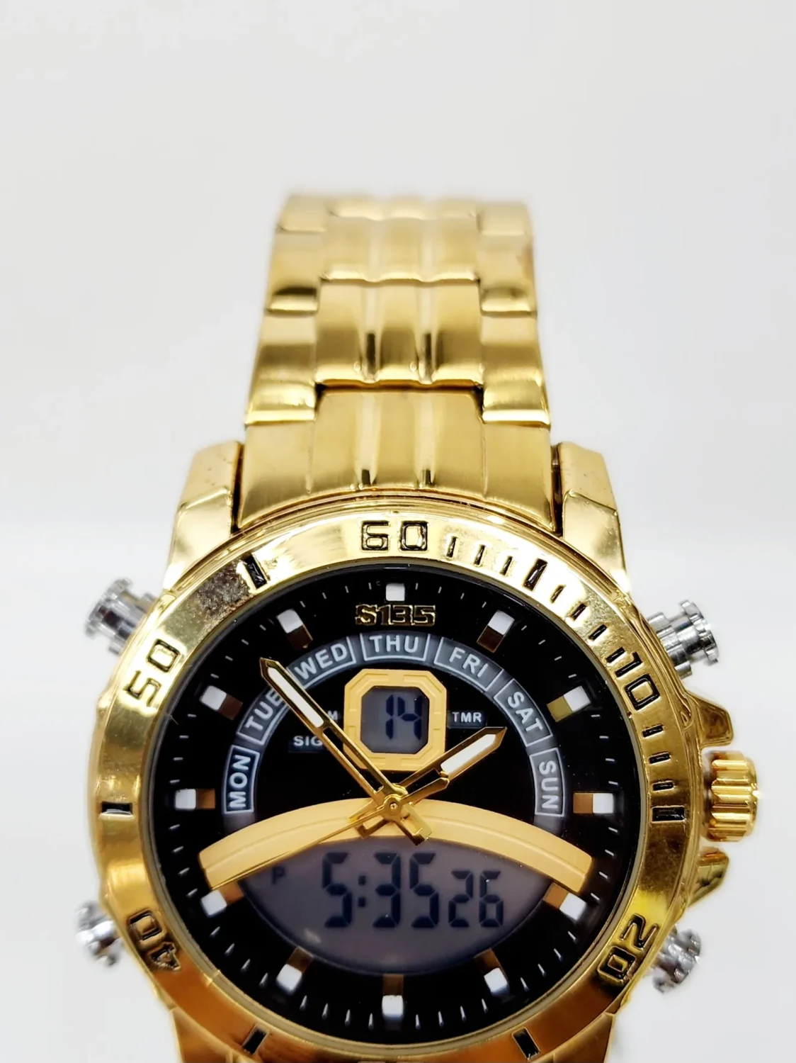 Stylish Dual Time Mens Analog/Digital Metal Strap, Multifunction LED Analog Gold Tone Band, Black Dial Quartz Watch