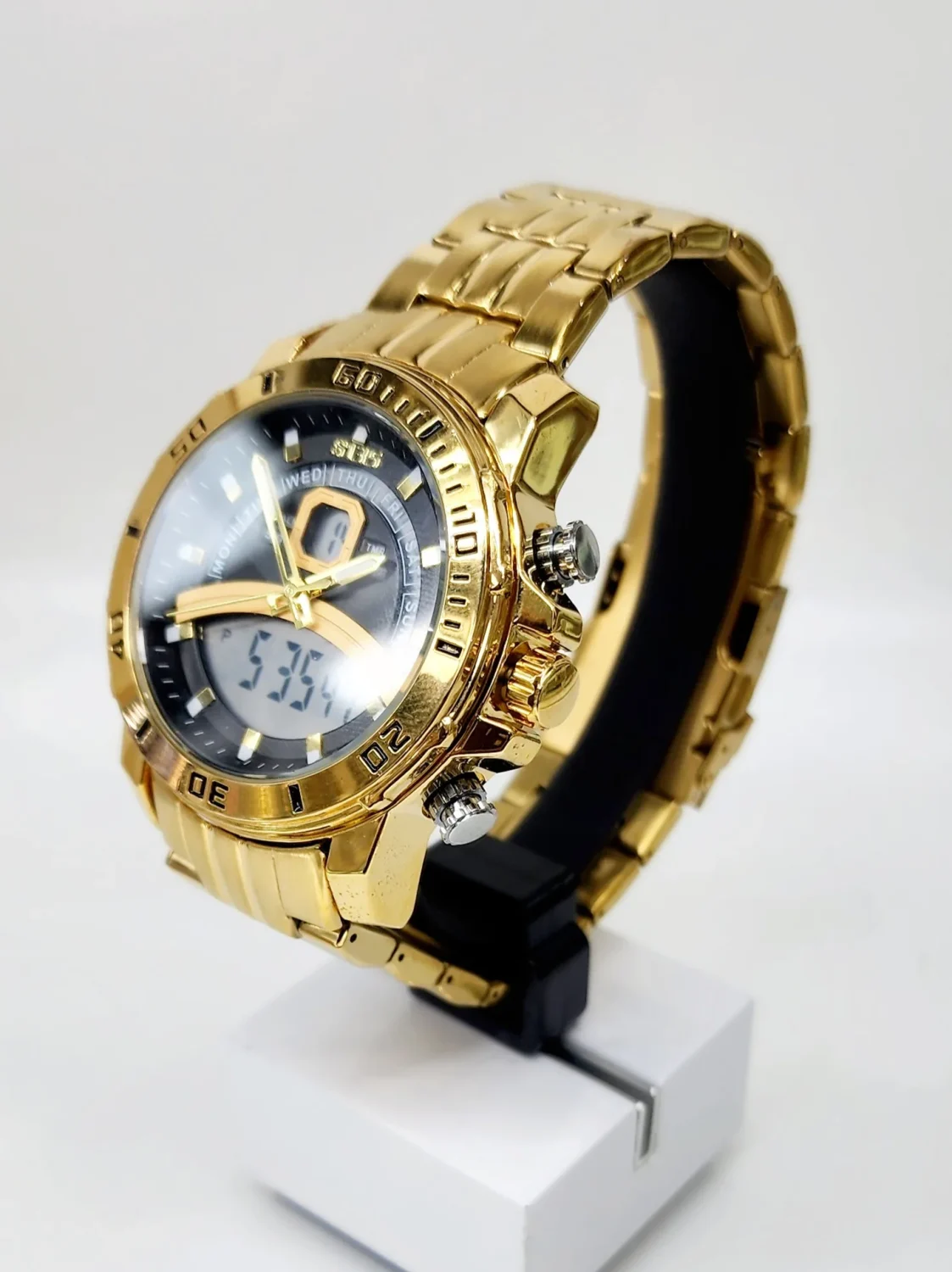 Stylish Dual Time Mens Analog/Digital Metal Strap, Multifunction LED Analog Gold Tone Band, Black Dial Quartz Watch