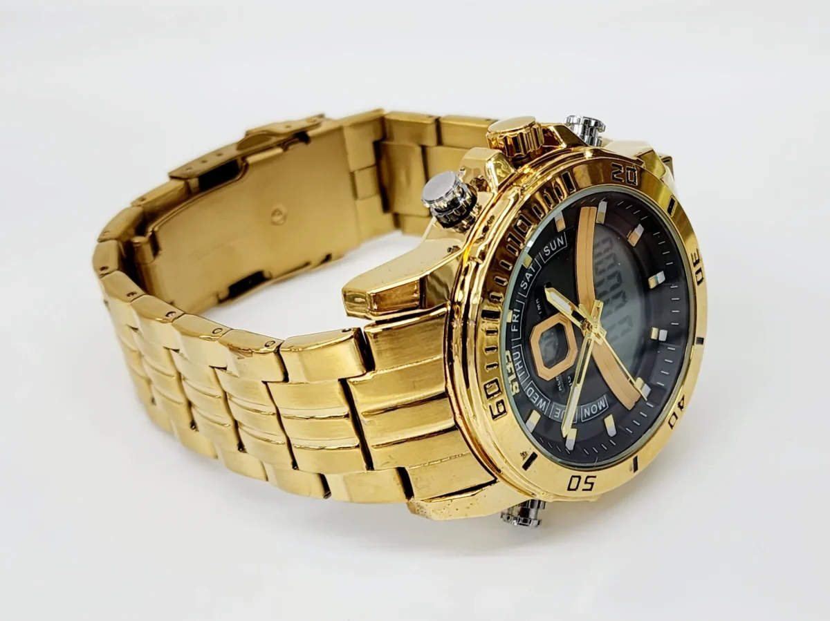 Stylish Dual Time Mens Analog/Digital Metal Strap, Multifunction LED Analog Gold Tone Band, Black Dial Quartz Watch