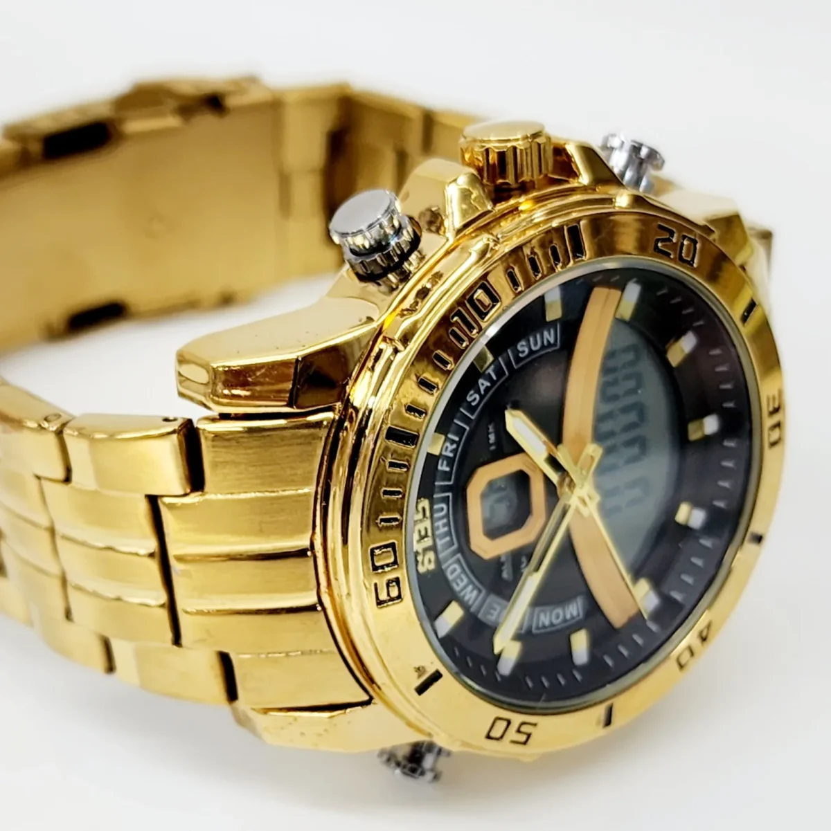 Stylish Dual Time Mens Analog/Digital Metal Strap, Multifunction LED Analog Gold Tone Band, Black Dial Quartz Watch