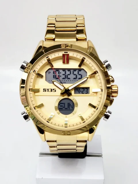 Stylish Dual Time Mens Analog/Digital Metal Strap, Multifunction LED Analog Gold Tone Band, Gold Dial Quartz Watch