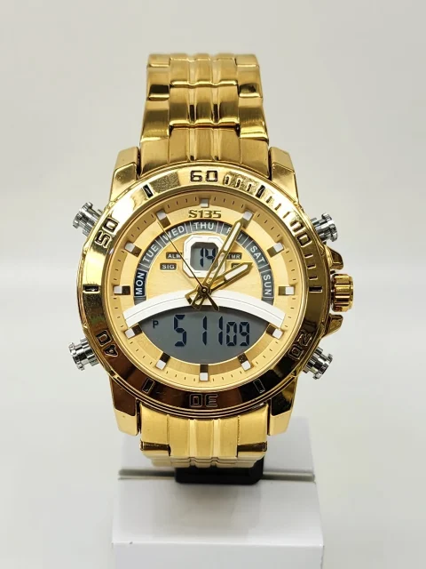Stylish Dual Time Mens Analog/Digital Metal Strap, Multifunction LED Analog Gold Tone Band, Gold Dial Quartz Watch