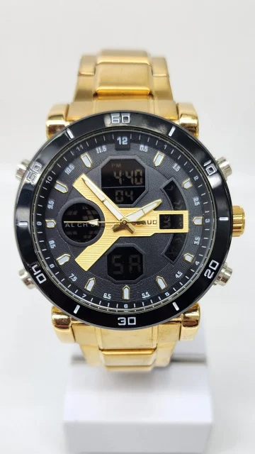 Stylish Dual Time Mens Analog/Digital Metal Strap, Multifunction LED Analog Gold Tone Band, Black Dial Quartz Watch