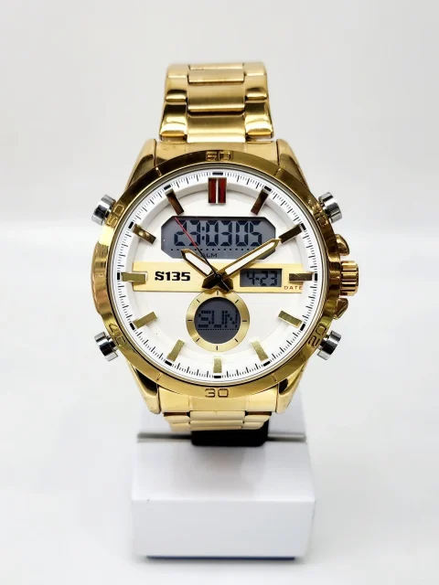 Stylish Dual Time Mens Analog/Digital Metal Strap, Multifunction LED Analog Gold Tone Band, White Dial Quartz Watch