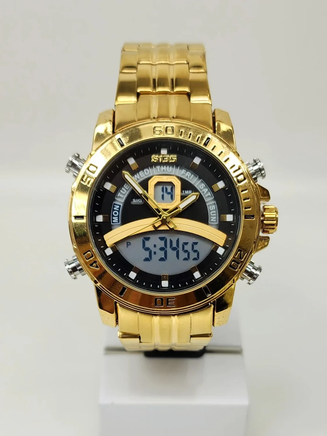 Stylish Dual Time Mens Analog/Digital Metal Strap, Multifunction LED Analog Gold Tone Band, Black Dial Quartz Watch