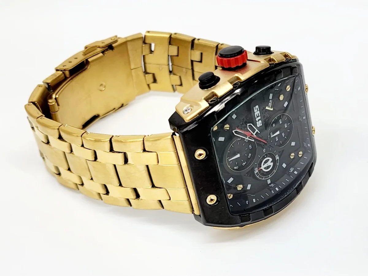 Stylish Mens Analog Metal Strap, Multifunction Analog Gold Tone Strap, Gold/Black Case, Black Dial Quartz Watch
