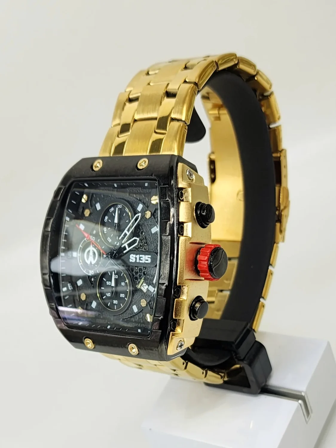 Stylish Mens Analog Metal Strap, Multifunction Analog Gold Tone Strap, Gold/Black Case, Black Dial Quartz Watch