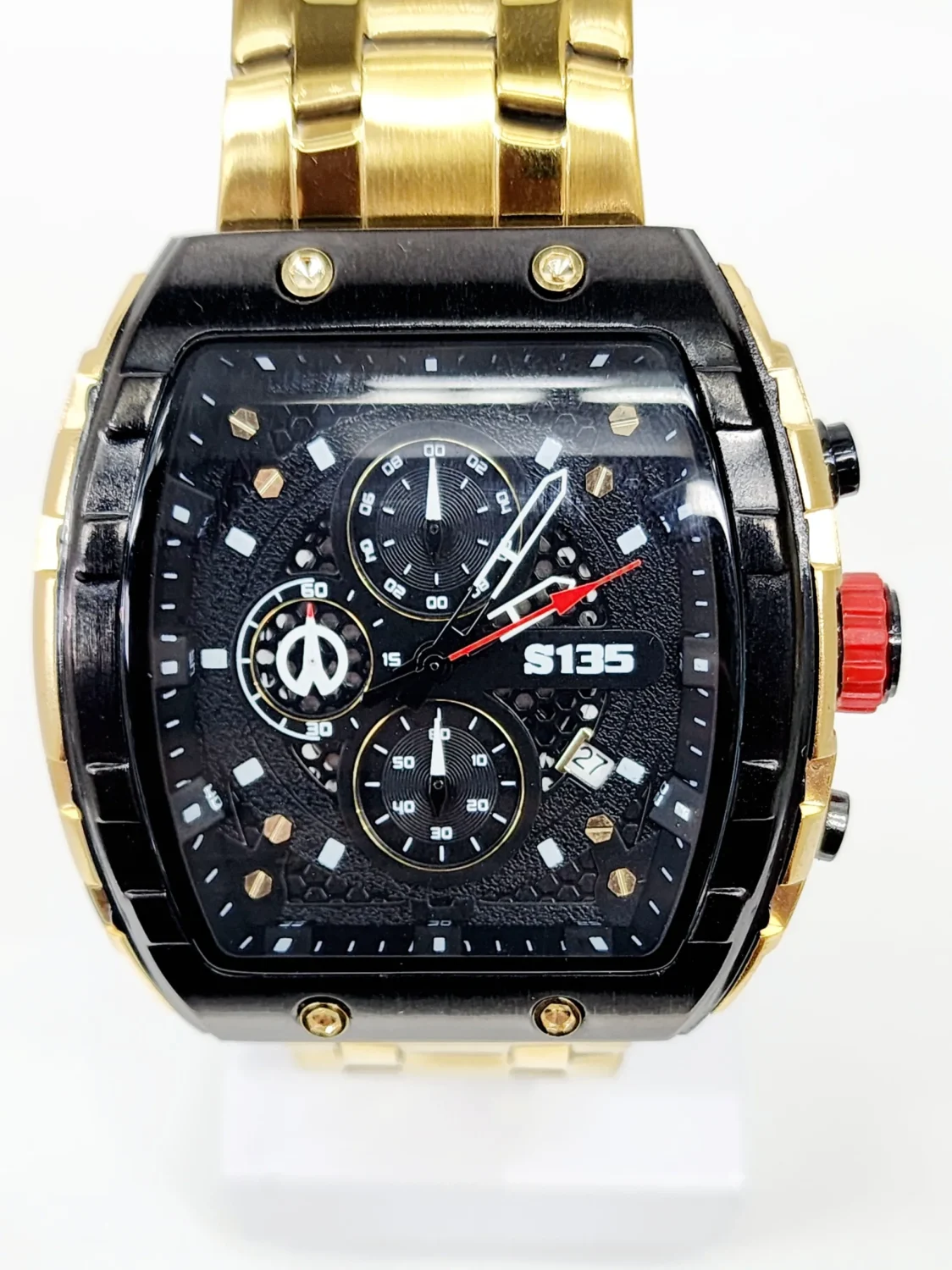 Stylish Mens Analog Metal Strap, Multifunction Analog Gold Tone Strap, Gold/Black Case, Black Dial Quartz Watch