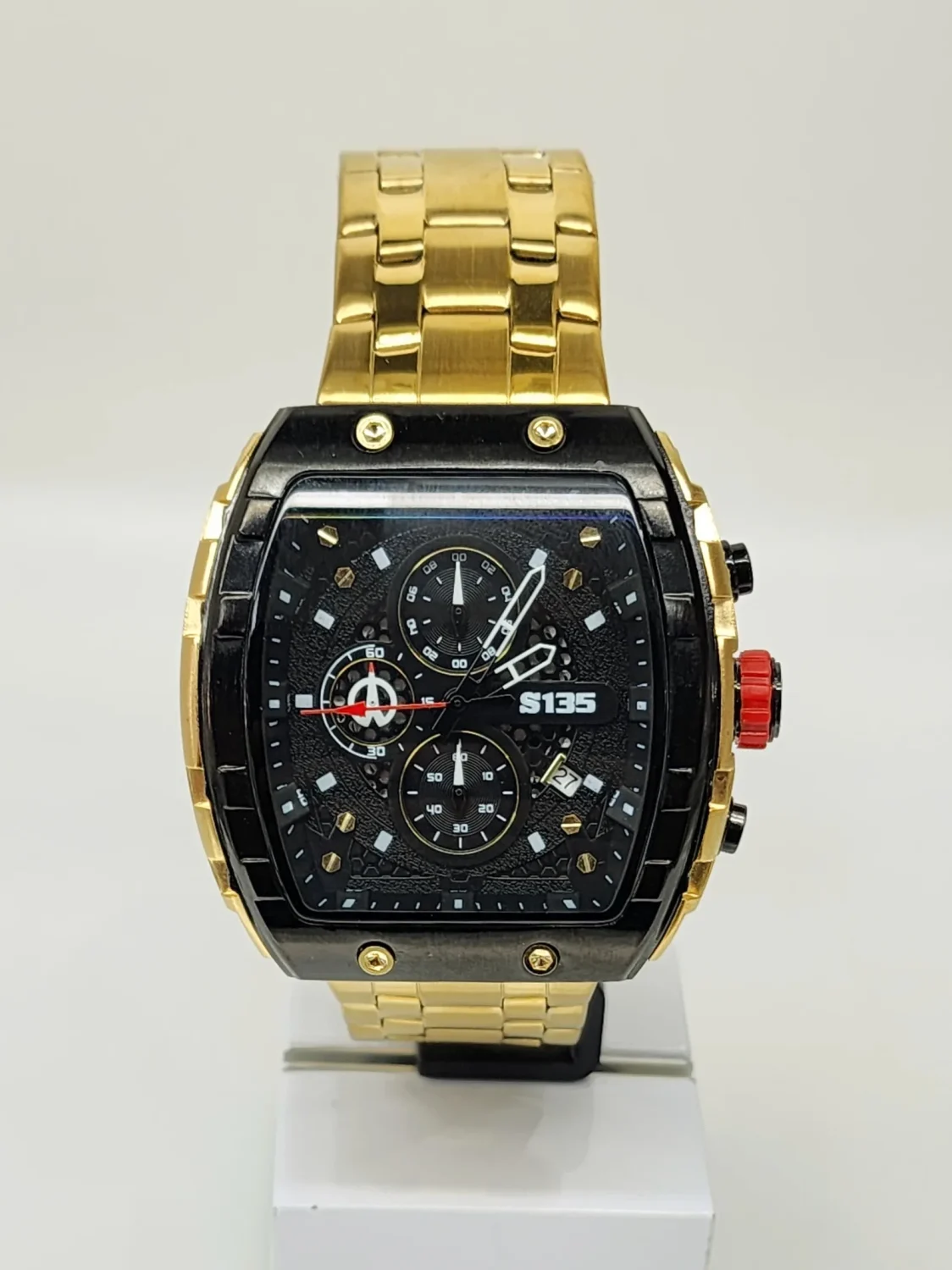 Stylish Mens Analog Metal Strap, Multifunction Analog Gold Tone Strap, Gold/Black Case, Black Dial Quartz Watch