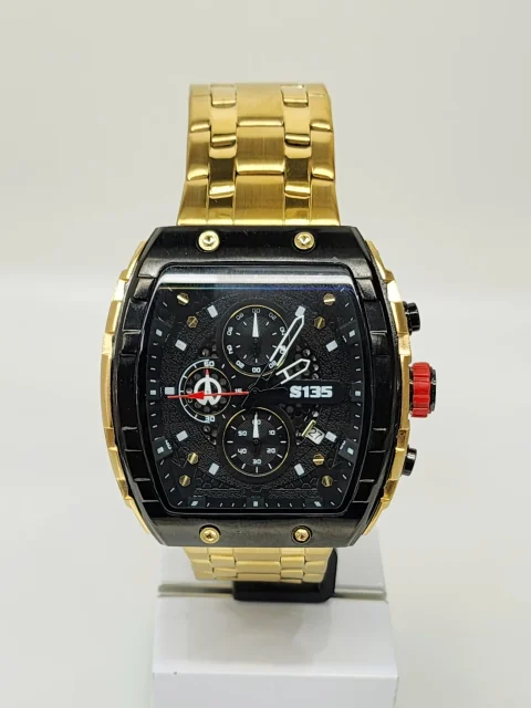Stylish Mens Analog Metal Strap, Multifunction Analog Gold Tone Strap, Gold/Black Case, Black Dial Quartz Watch