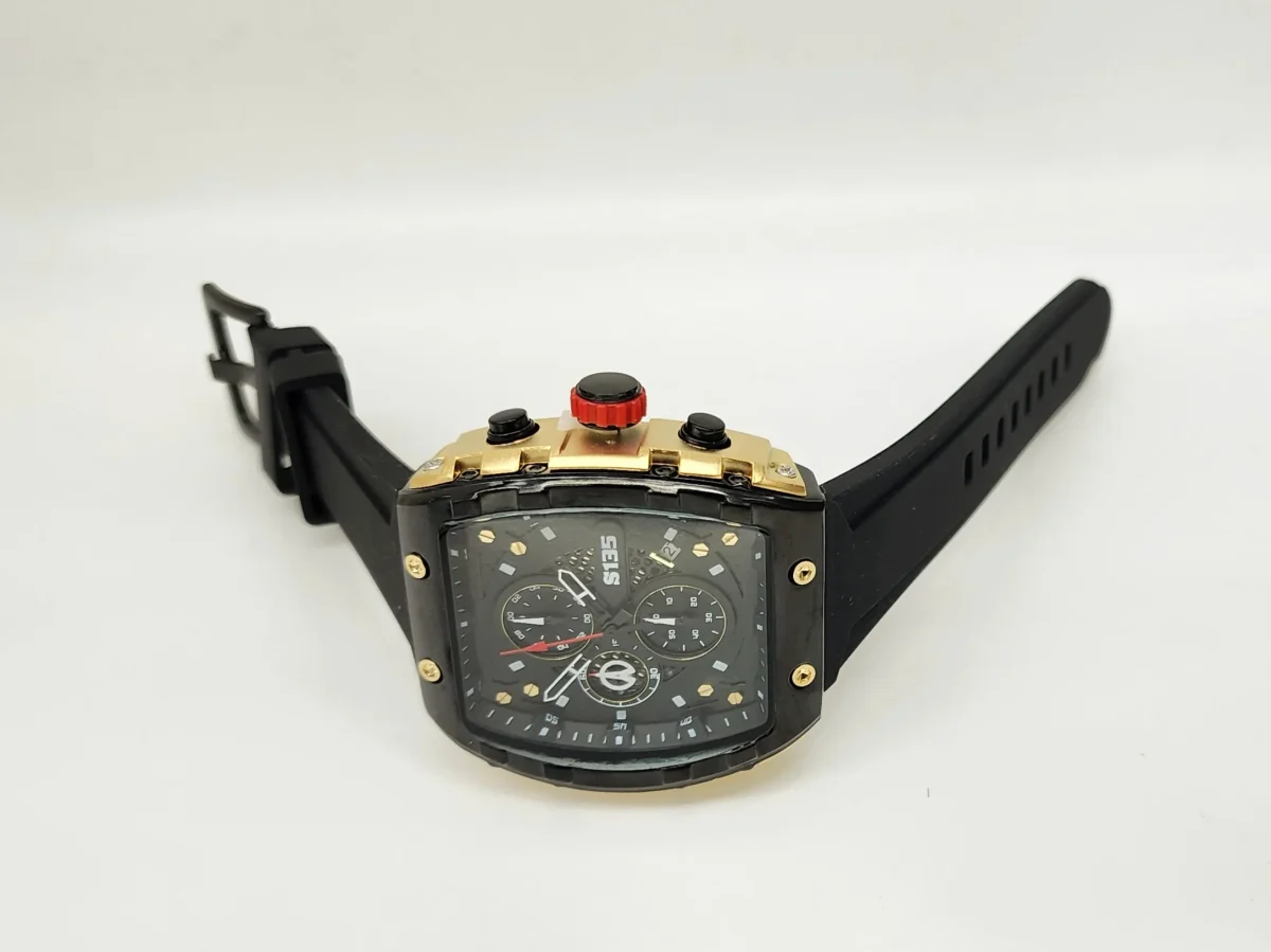 Stylish Mens Analog Rubber Strap, Multifunction Analog Black Rubber Strap, Gold/Black Case, Black Dial Quartz Watch