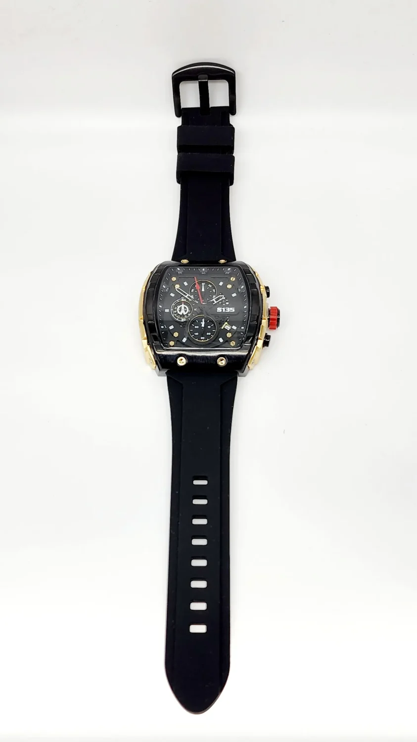 Stylish Mens Analog Rubber Strap, Multifunction Analog Black Rubber Strap, Gold/Black Case, Black Dial Quartz Watch