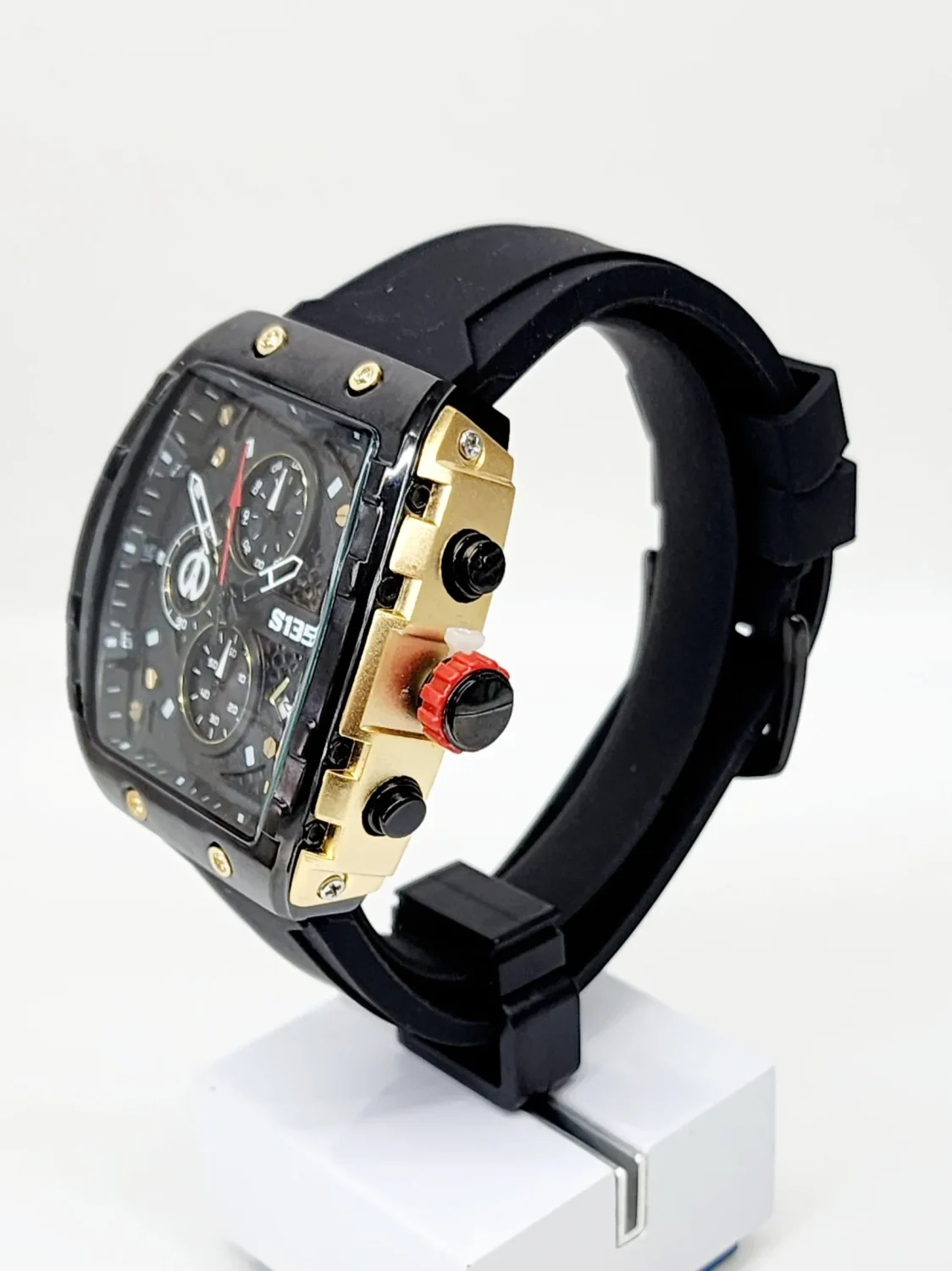 Stylish Mens Analog Rubber Strap, Multifunction Analog Black Rubber Strap, Gold/Black Case, Black Dial Quartz Watch