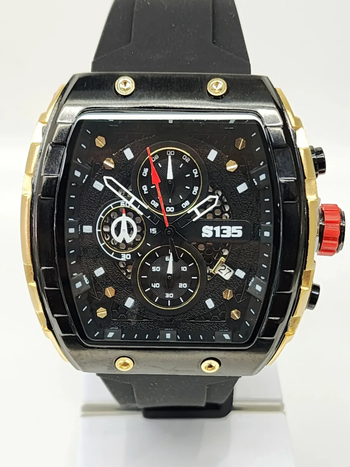 Stylish Mens Analog Rubber Strap, Multifunction Analog Black Rubber Strap, Gold/Black Case, Black Dial Quartz Watch
